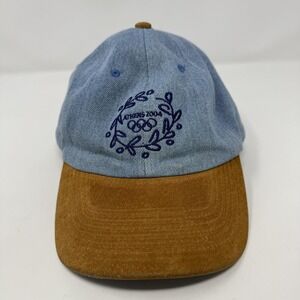 Vintage 2004 Athens Olympics Hat Cap Strap Back Mens One Size Blue Denim Suede
